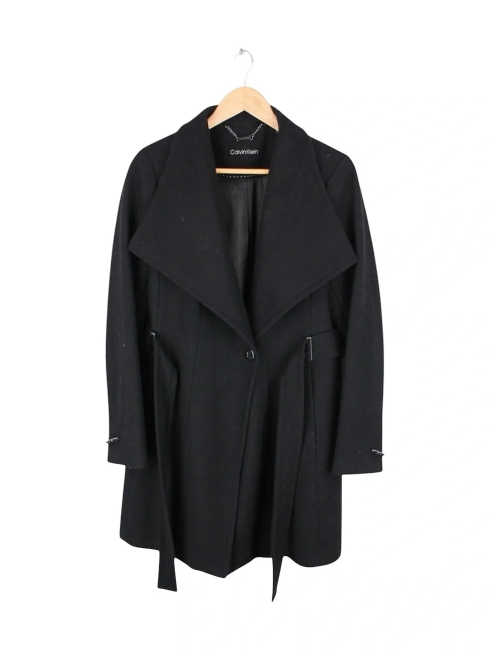 Calvin Klein Wool Blend Coat Black Single Button Draped Collar Women's Medium